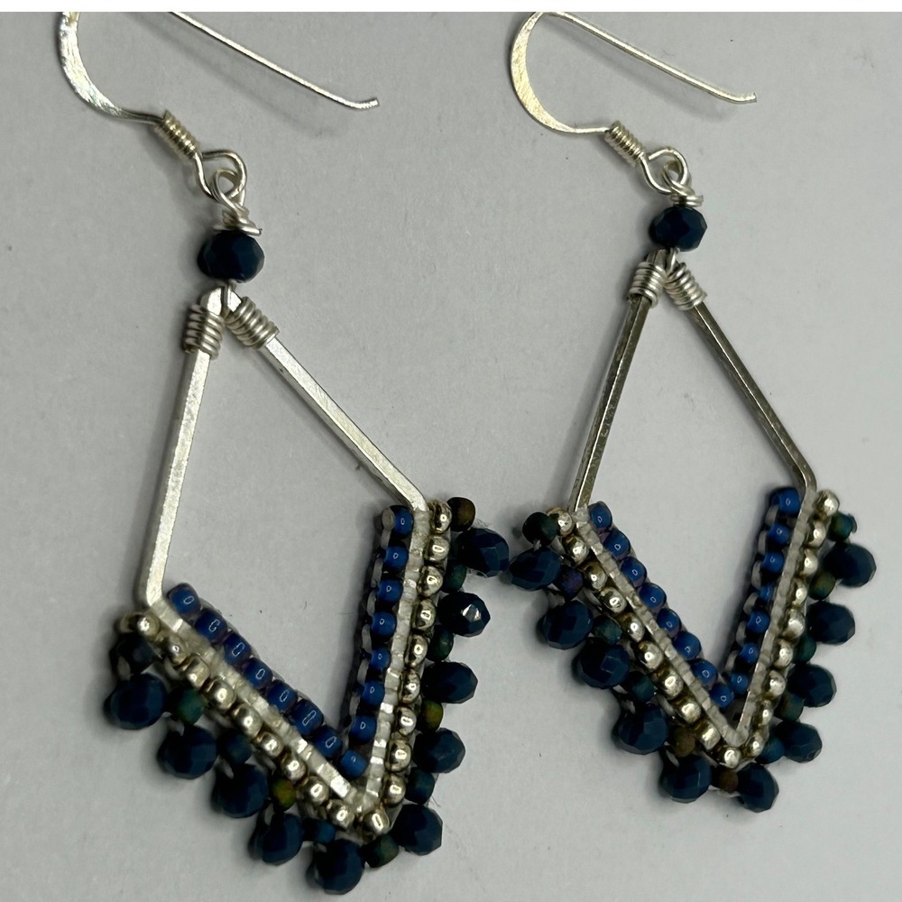Blue beaded dangle earrings Boho Tribal Silver tone Statement - Picture 1 of 4